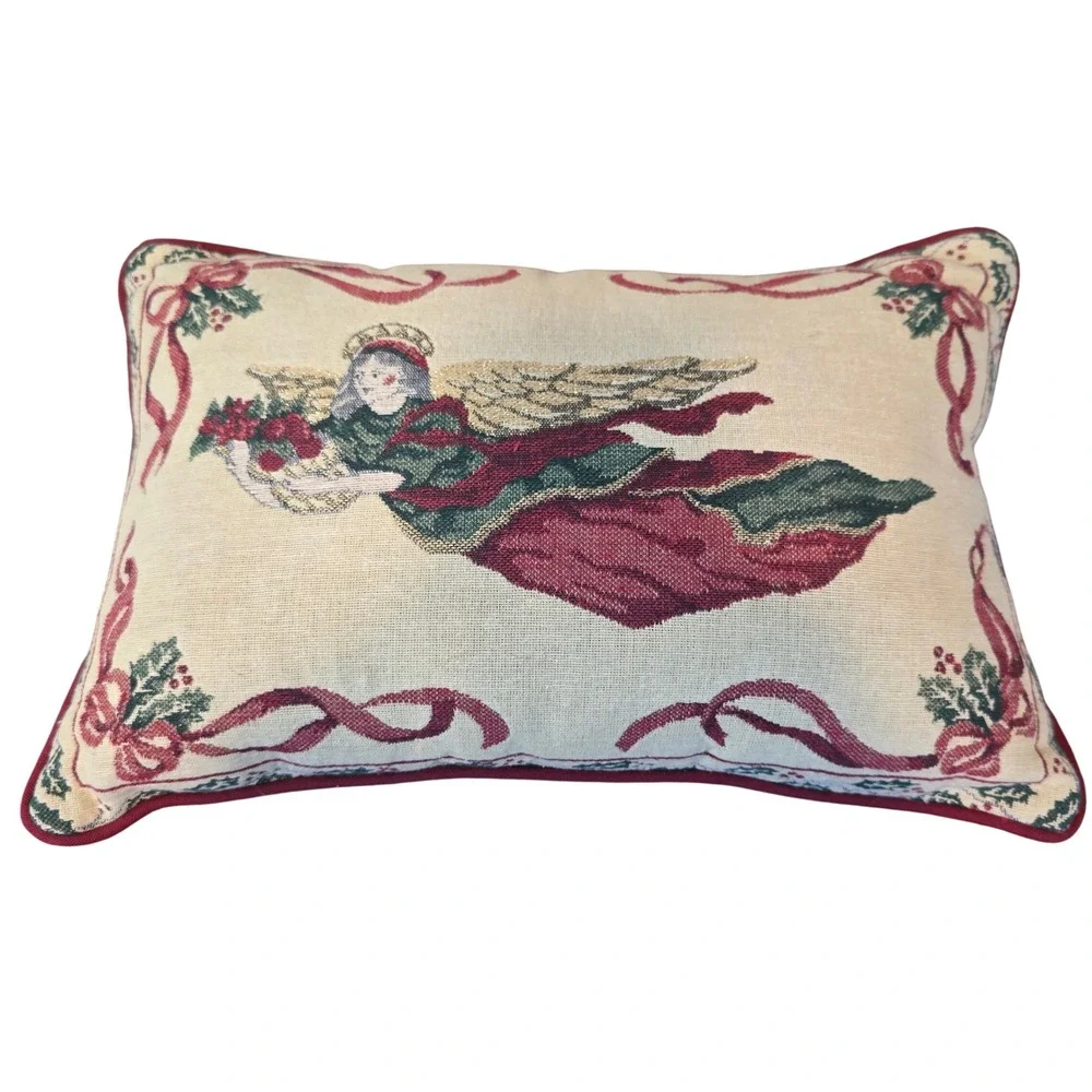 Vintage 90s Tapestry Throw Pillow Christmas Angel Red Green Holiday Decor 16x10